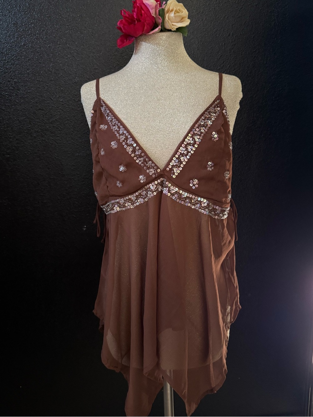 Live 4 Truth Brown Sequin Embellished Spaghetti Strap Top